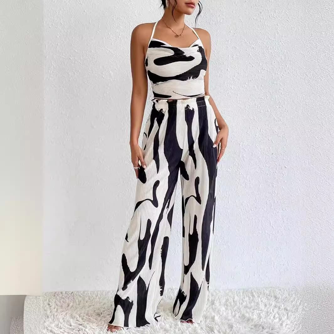 Large-Check Print Halterneck Wide-Leg Pants Casual Set 4