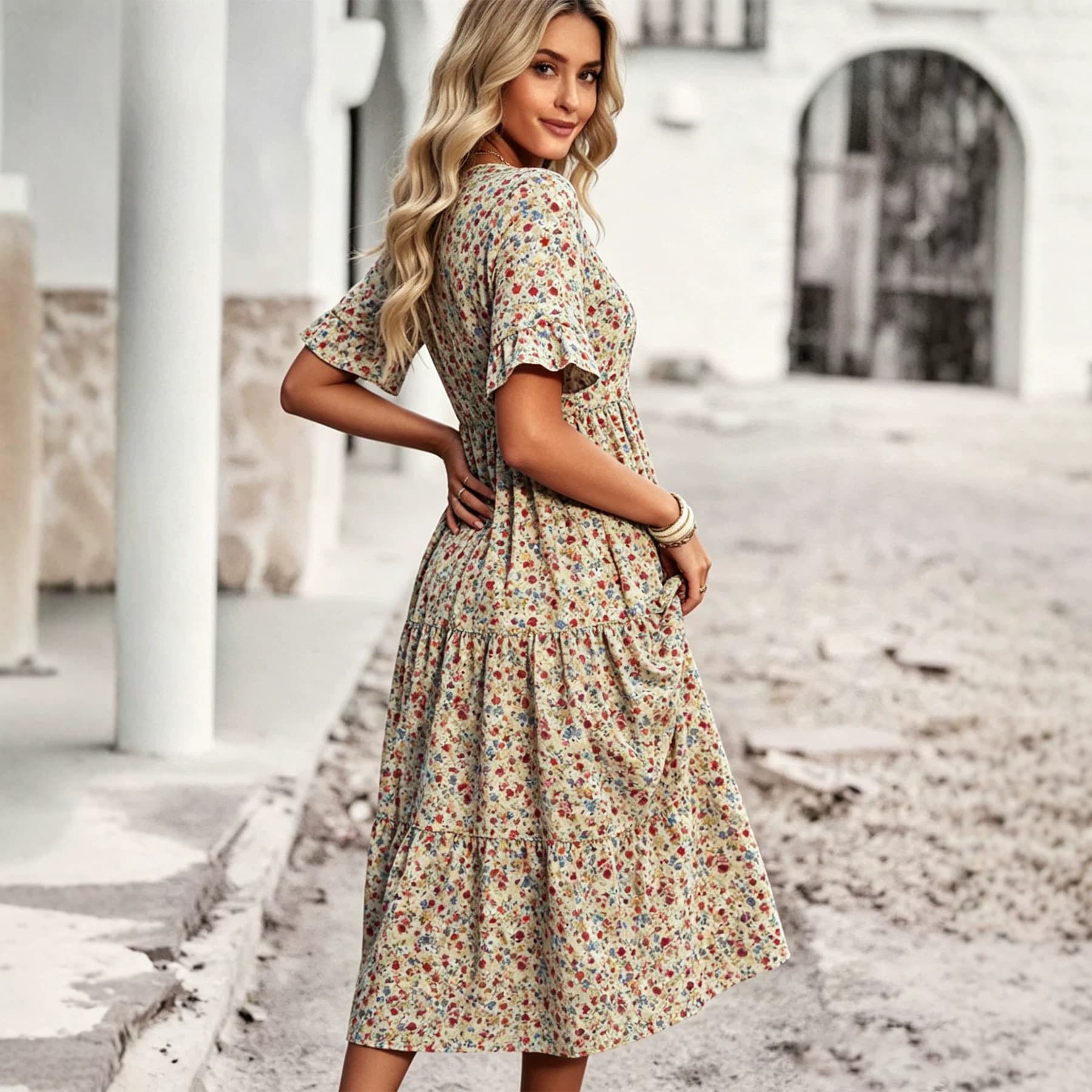 Casual Bohemian V-neck Short-sleeve Flowing Long Beach Dress 8