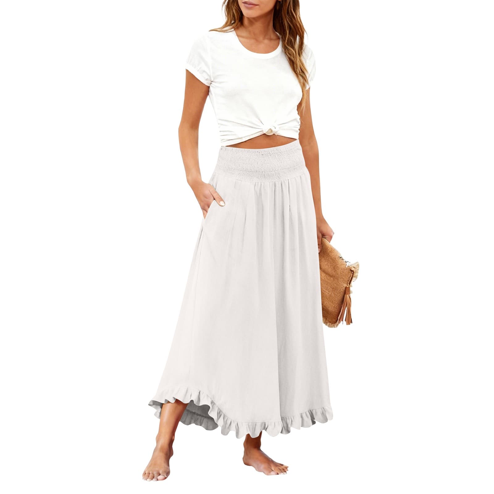 High-waisted Elastic-waist Long Skirt With Ruffled Hem 7