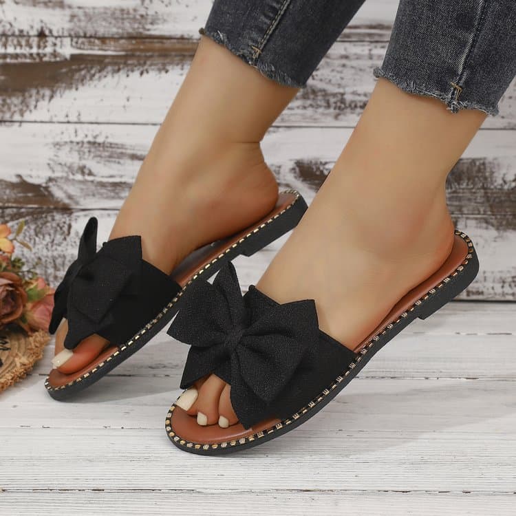 Foreign Trade Flat-Soled Rhinestone Bow Slide Sandals 2