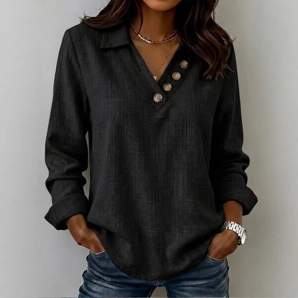 Versatile V-neck Button-up Retro Long-sleeve T-shirt 8