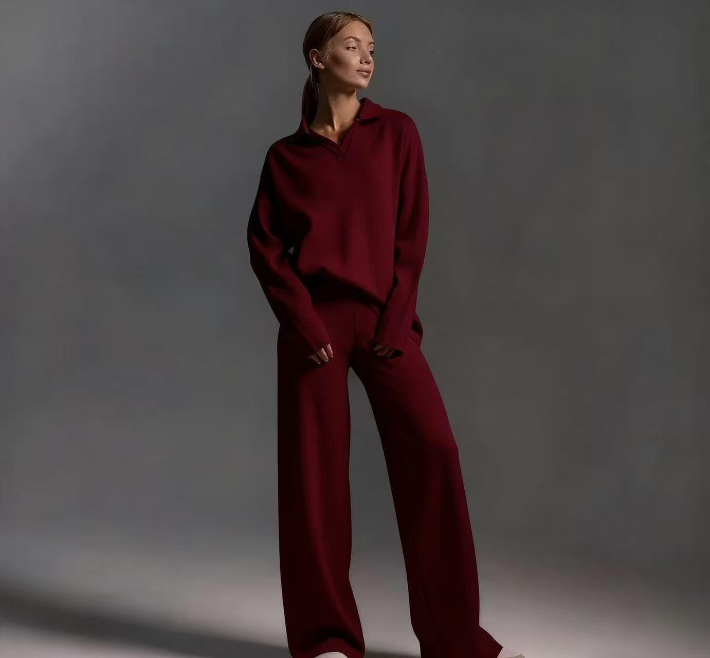 Womens Solid-color Polo-collar Wide-leg Pants Set 8