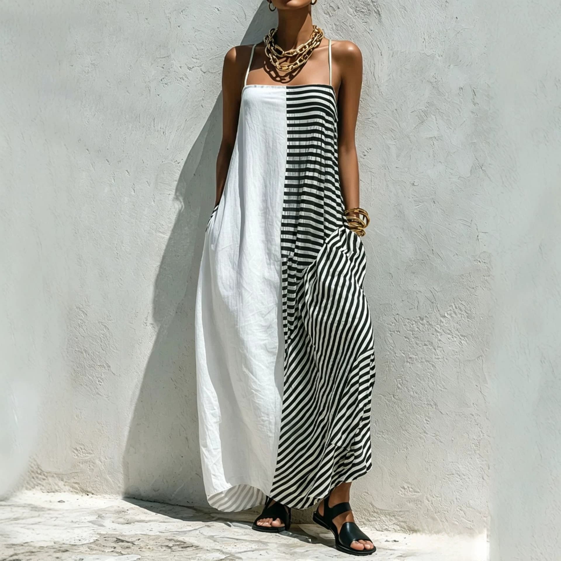 Printed Striped Strap Sleeveless Long Dress 13