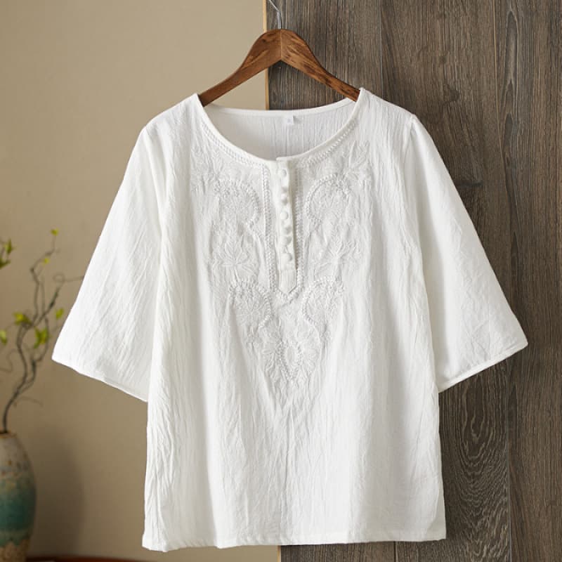 Womens Artistic Solid-Color Embroidered Cotton-Linen Top 2