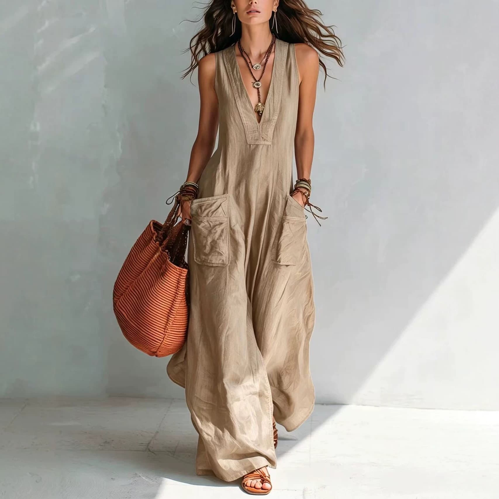 Solid-color Wide-pocket Jumpsuit For Women 2