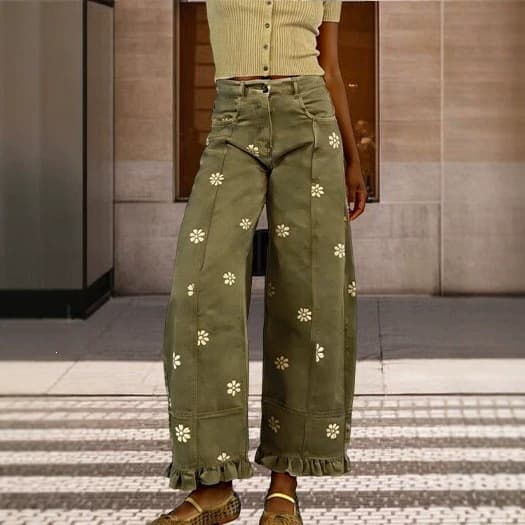 Floral-print Wide-leg Pants Loose-fitting Vintage-style Denim Imitations 5