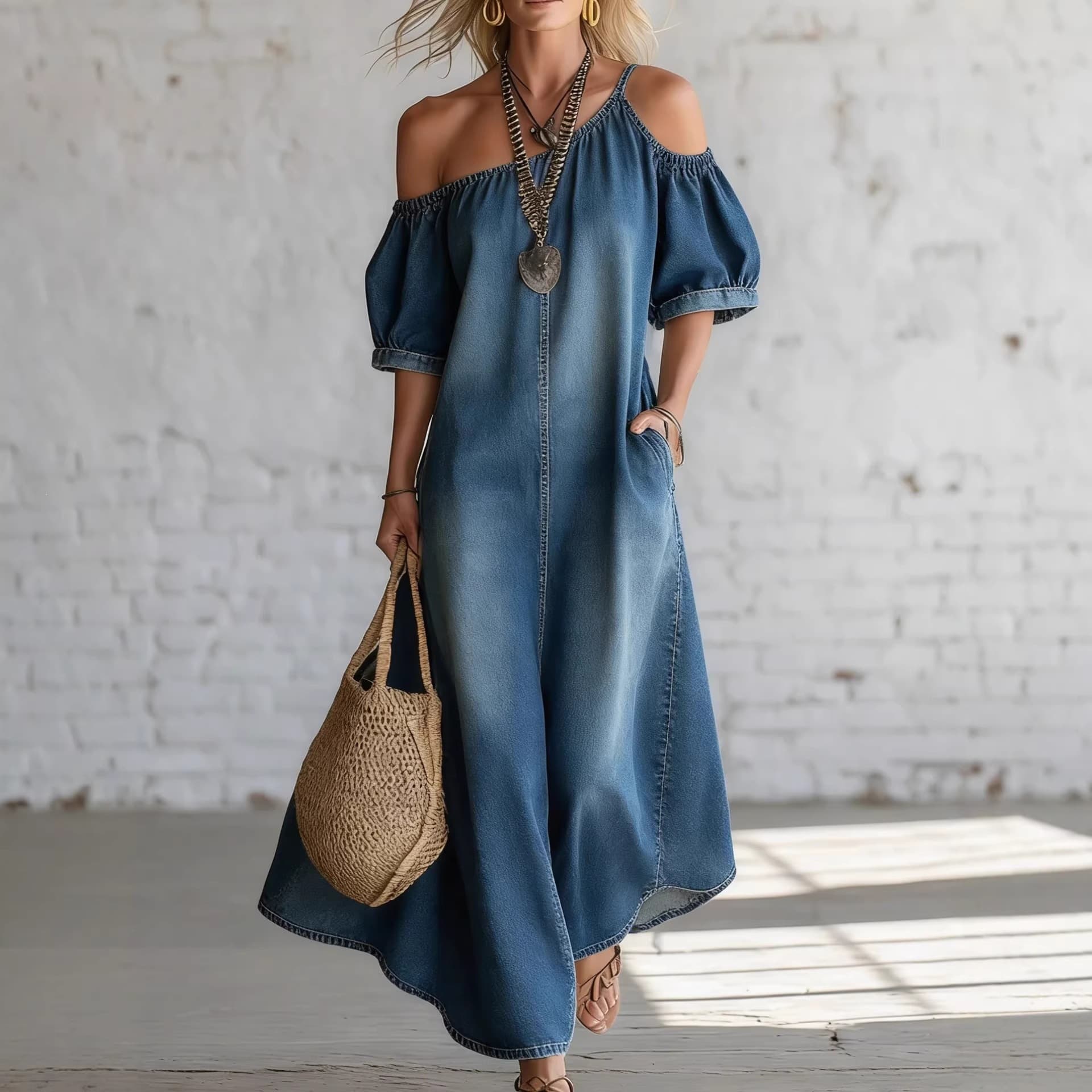 Loose-fit Chic Off-shoulder Slit Denim Maxi Dress 7