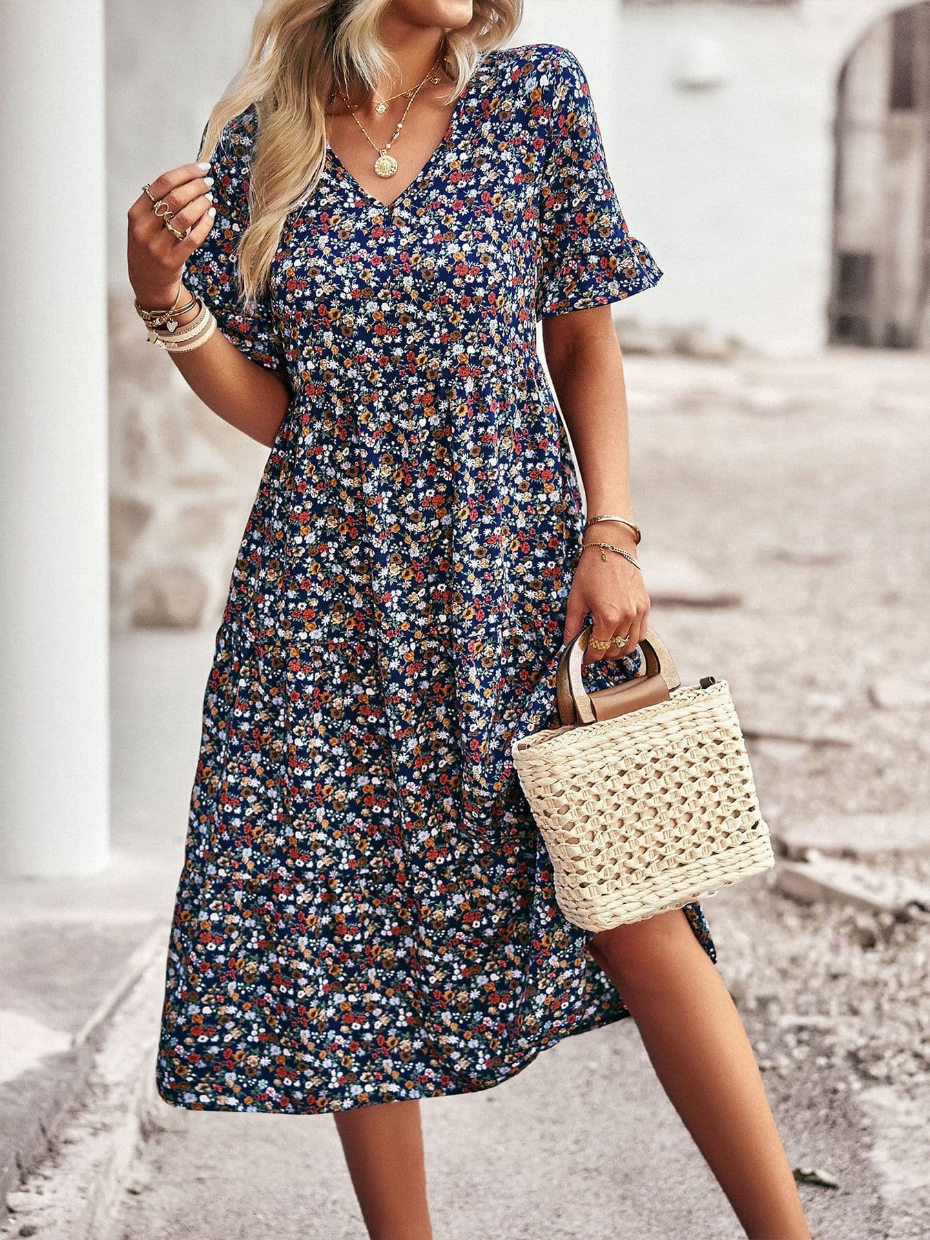 Casual Bohemian V-neck Short-sleeve Flowing Long Beach Dress 9