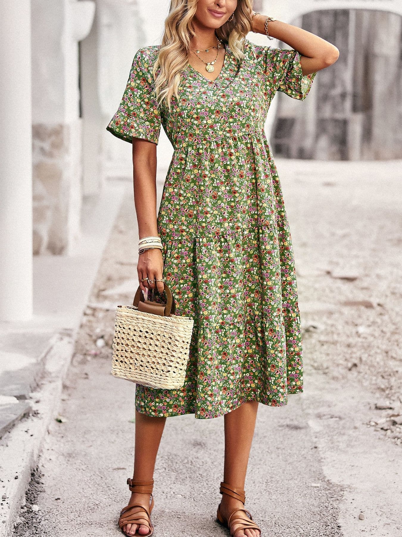 Casual Bohemian V-neck Short-sleeve Flowing Long Beach Dress 2