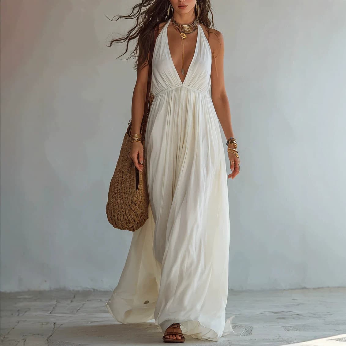 Deep V-neck Halter Backless Dress For Women 2