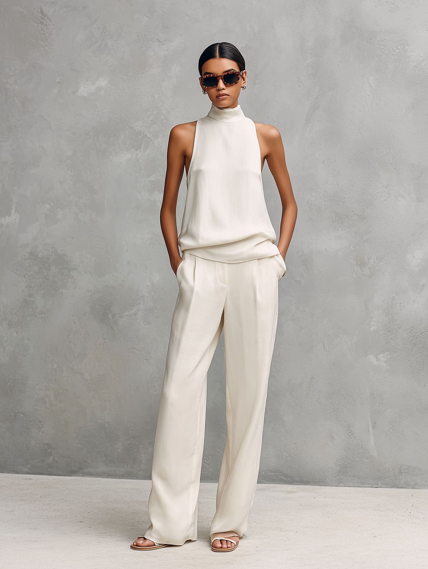 Sleeveless Turtleneck Top And Wide-leg Pants Set 2