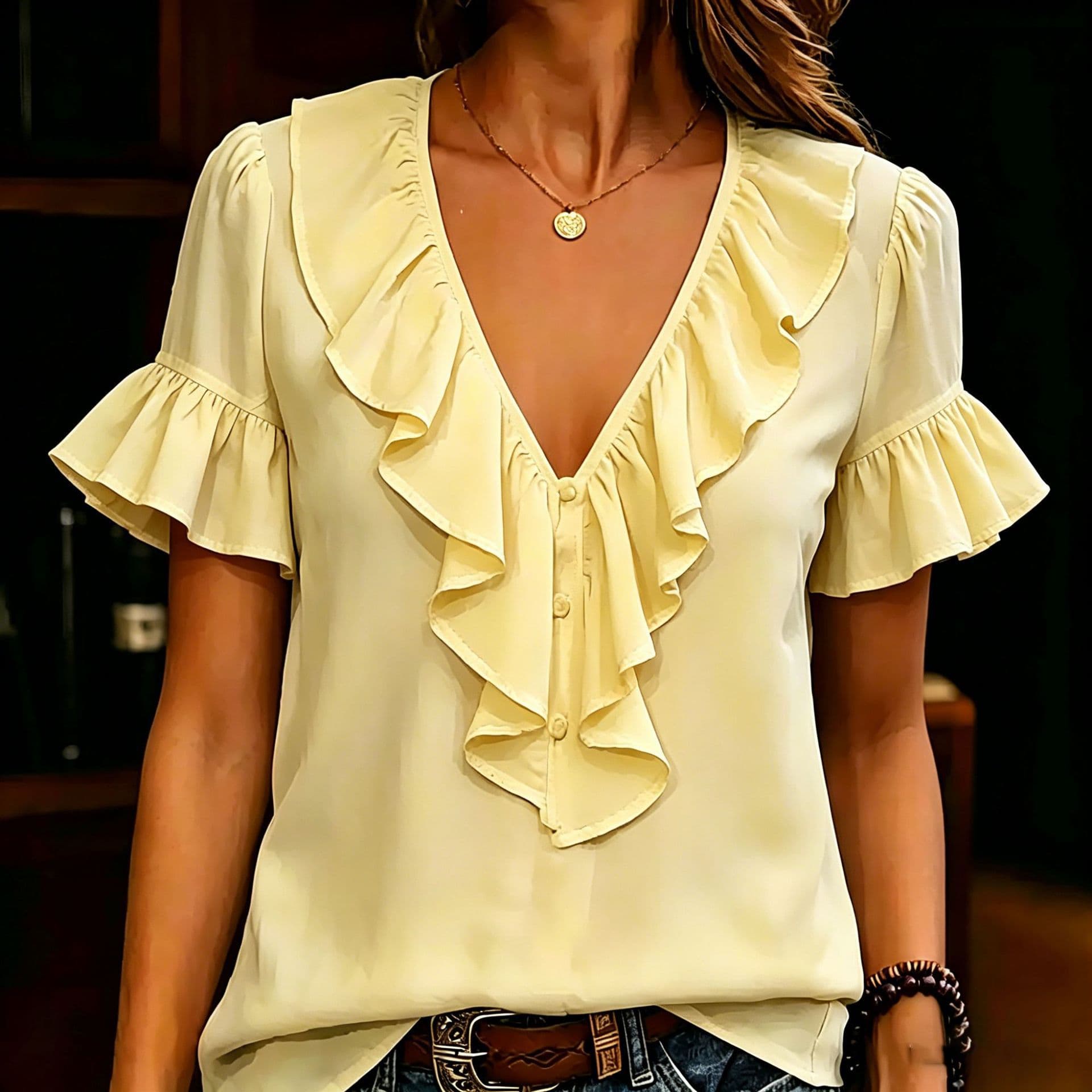 Womens Short-Sleeved T-Shirt With Ruffled Hem And V-Neck 3