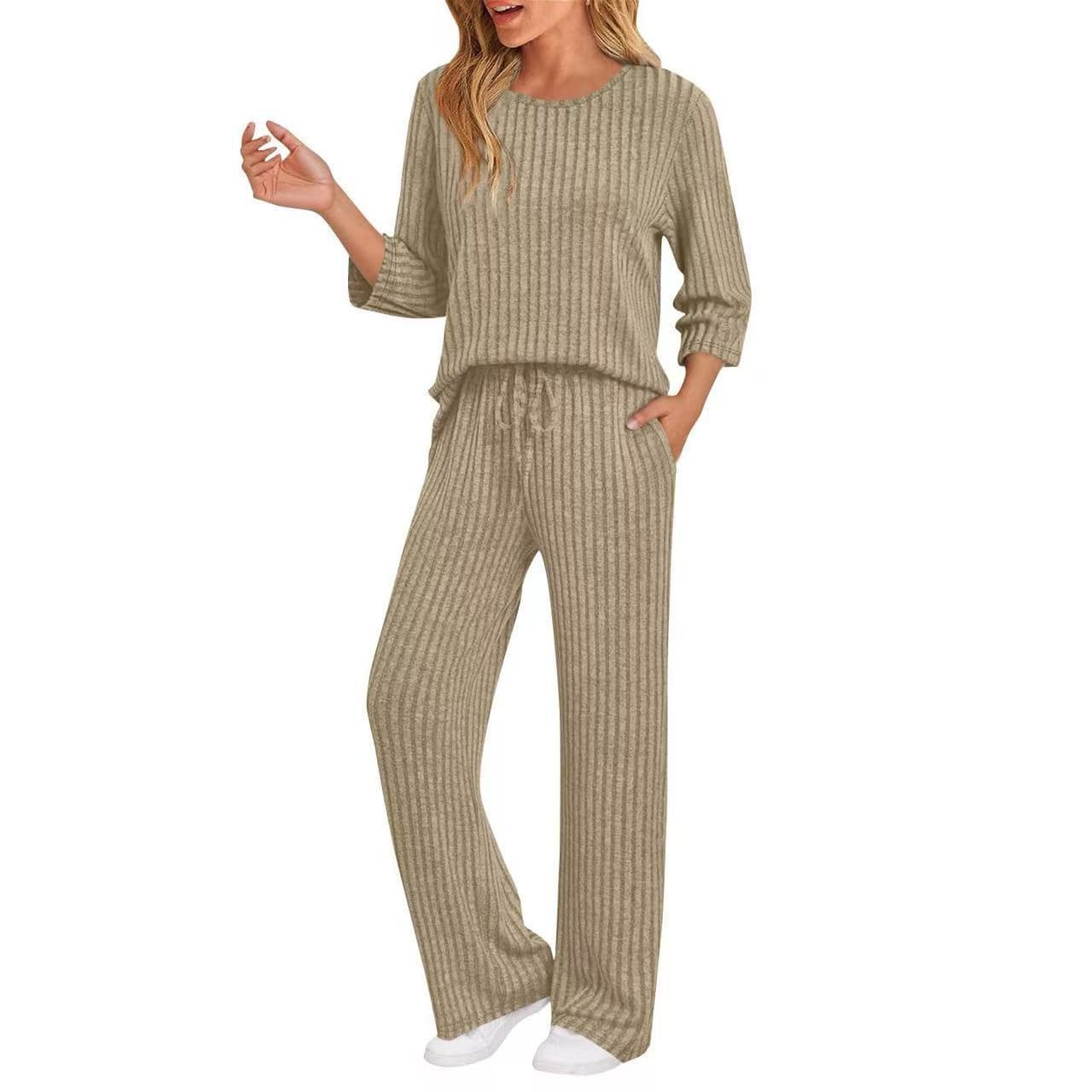 European And American-style Ribbed Striped Knit Casual Set 12
