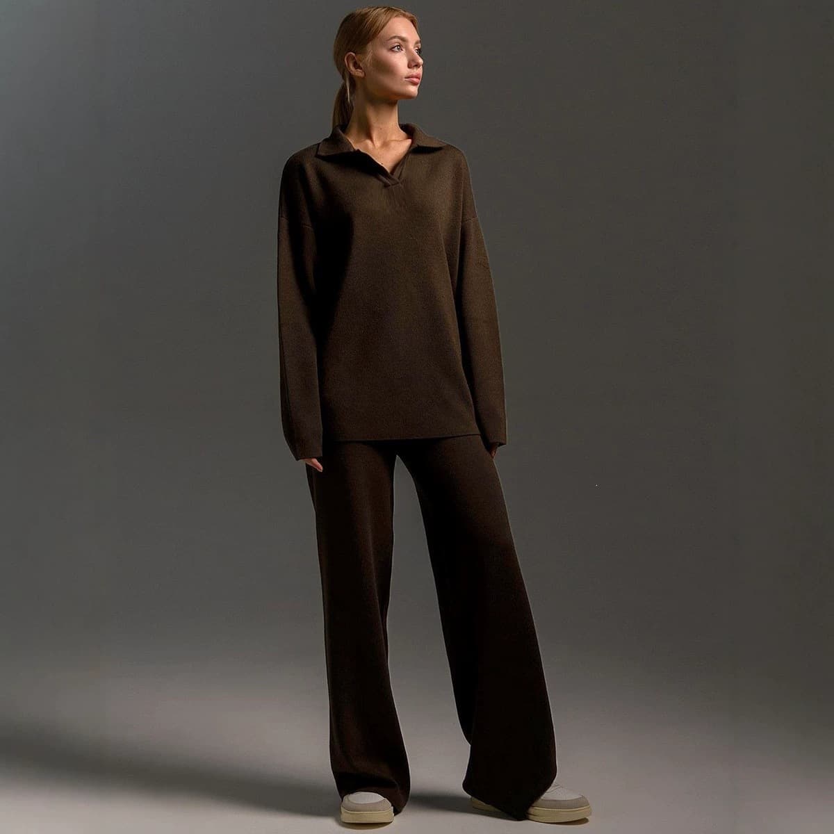 Womens Solid-color Polo-collar Wide-leg Pants Set 5