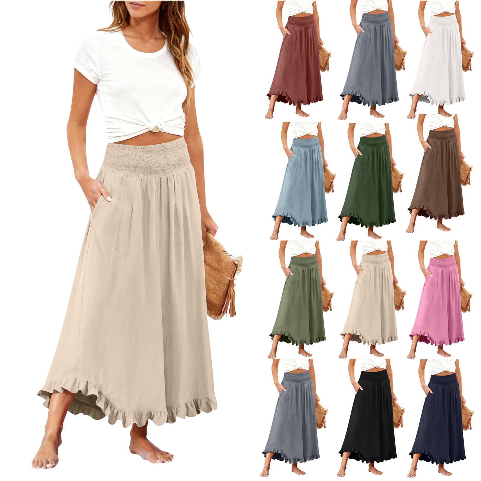 High-waisted Elastic-waist Long Skirt With Ruffled Hem 6