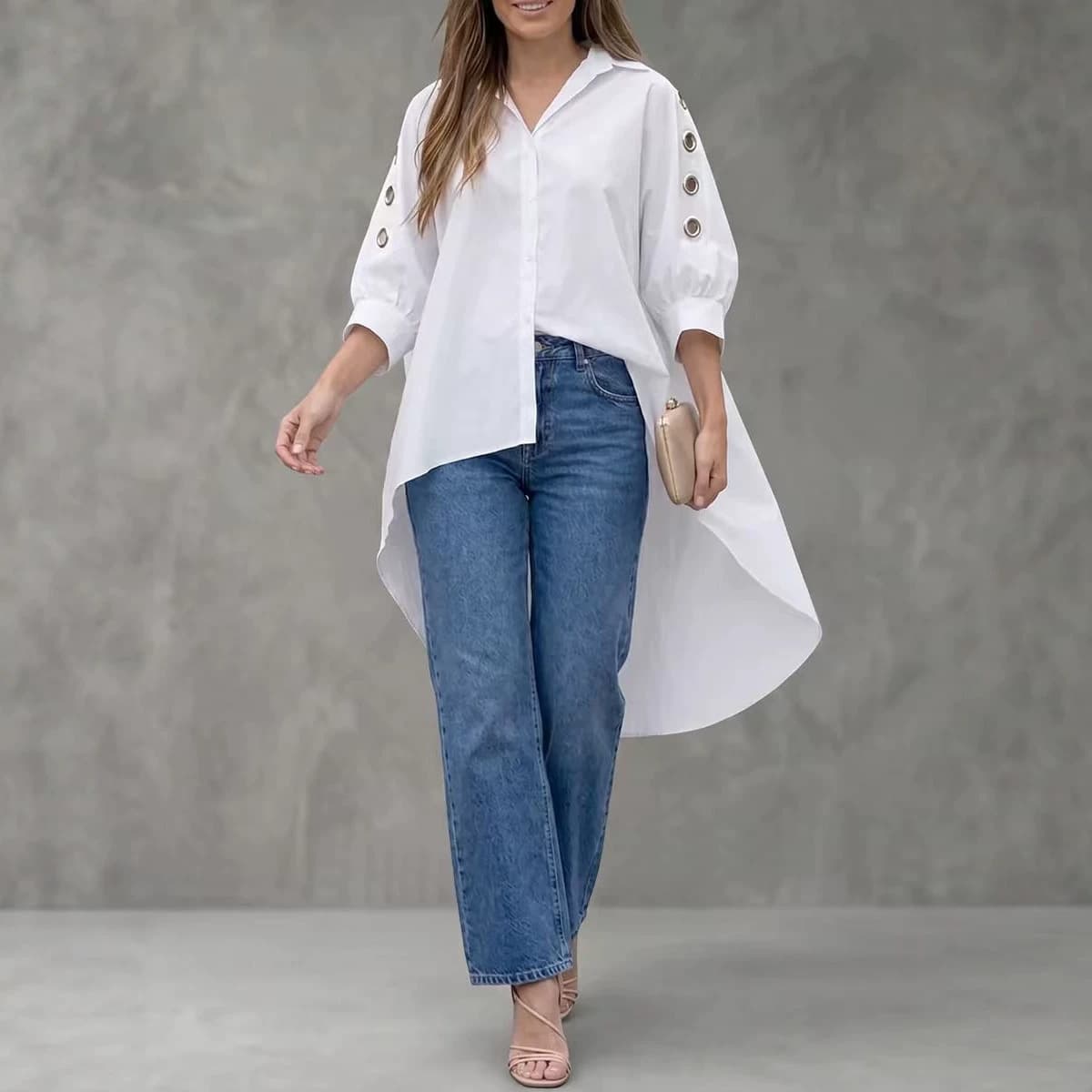 Womens Loose-fit Solid-color Long-sleeve Shirt 7