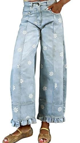 Floral-print Wide-leg Pants Loose-fitting Vintage-style Denim Imitations 8