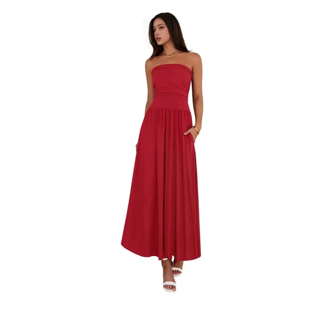 Vintage-tinged Pleated Patchwork Strapless Evening Dress 18