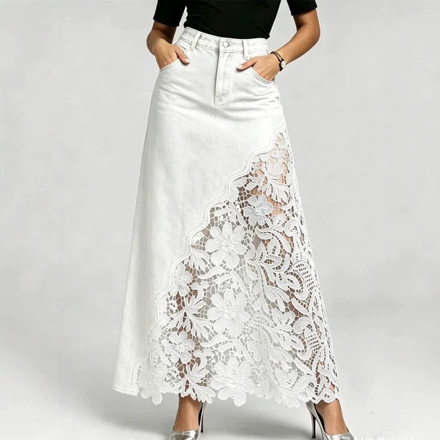 Washed Denim Lace-Panel Long Bodycon Skirt 4