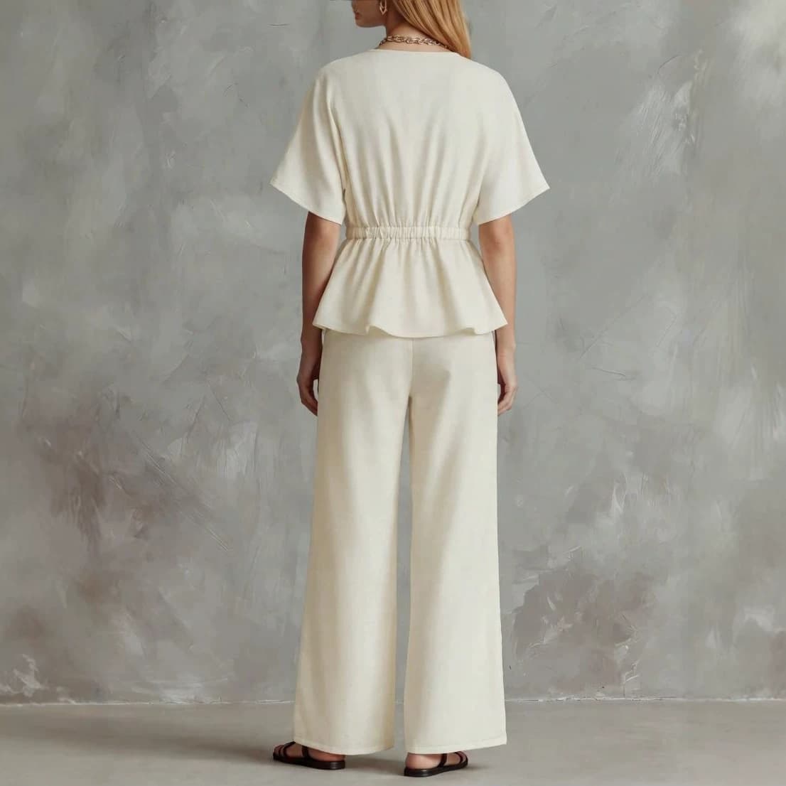 Womens V-neck Cinched-top And Wide-leg Pants Two-piece Set 3