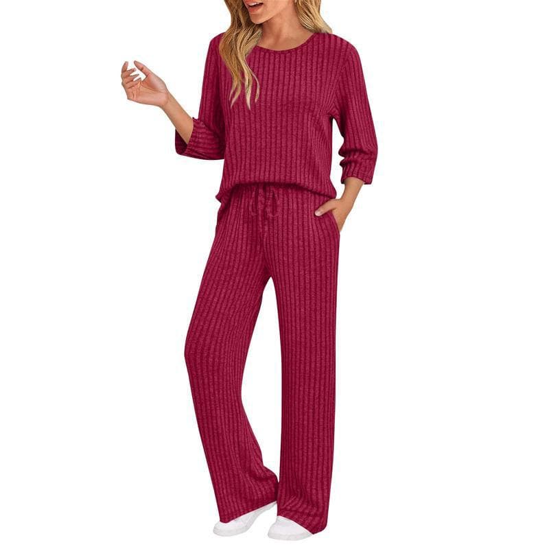European And American-style Ribbed Striped Knit Casual Set 3