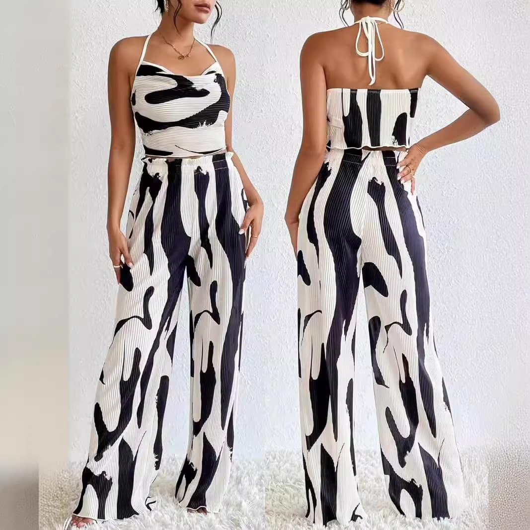Large-Check Print Halterneck Wide-Leg Pants Casual Set 3