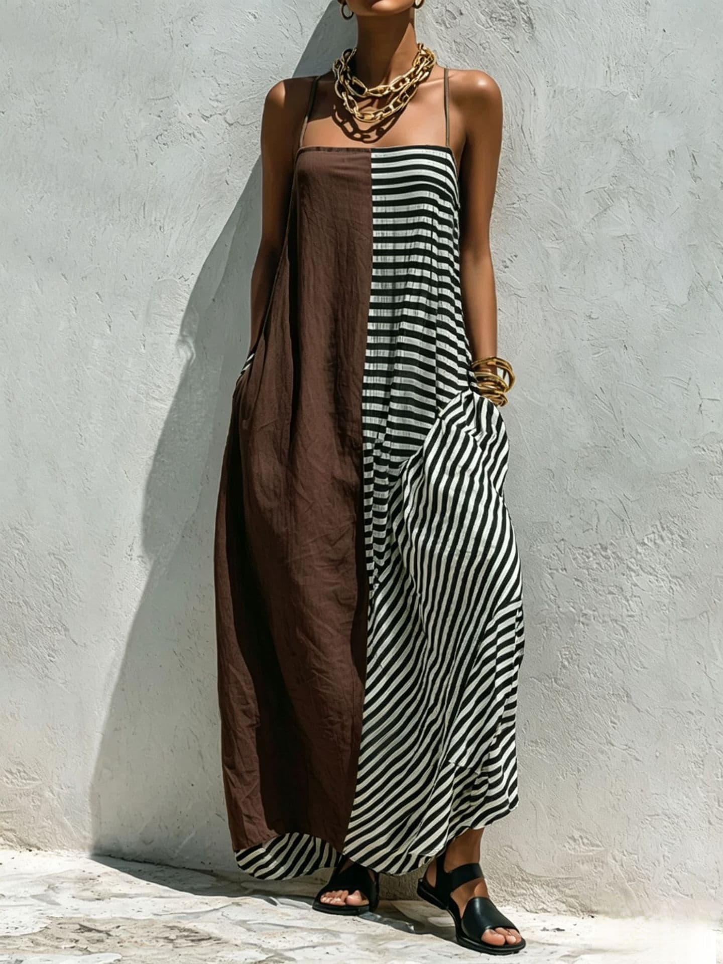 Printed Striped Strap Sleeveless Long Dress 3