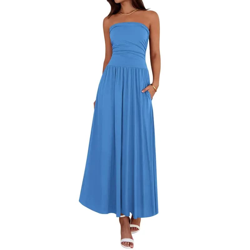 Vintage-tinged Pleated Patchwork Strapless Evening Dress 12