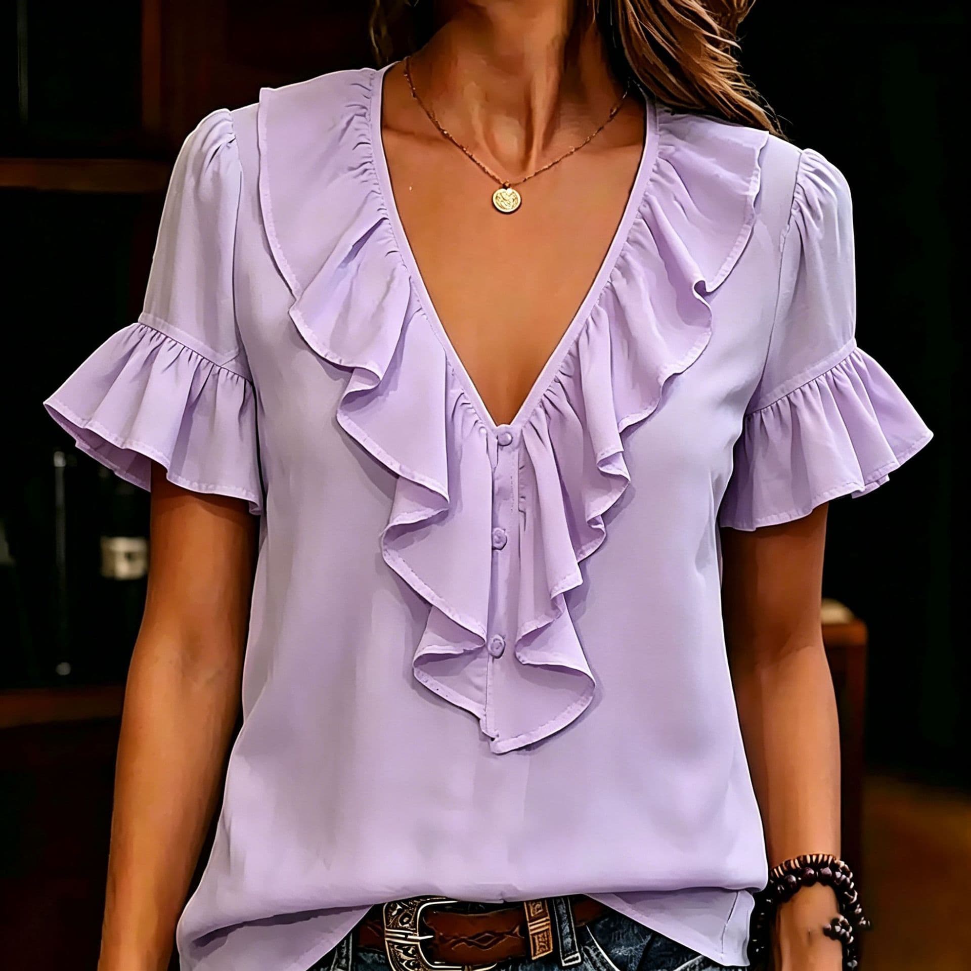 Womens Short-Sleeved T-Shirt With Ruffled Hem And V-Neck 12