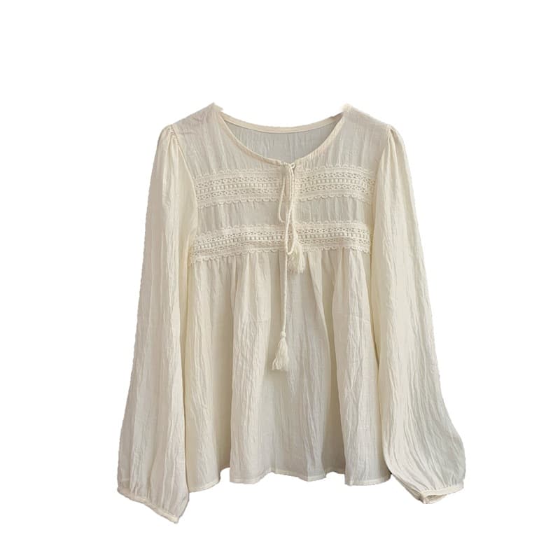 Sweet Designer-style Hollow-out Tassel-lace-up Round-neck Blouse 5