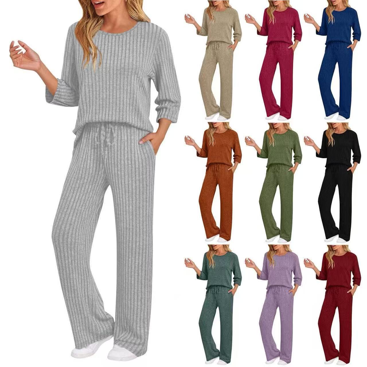 European And American-style Ribbed Striped Knit Casual Set 6