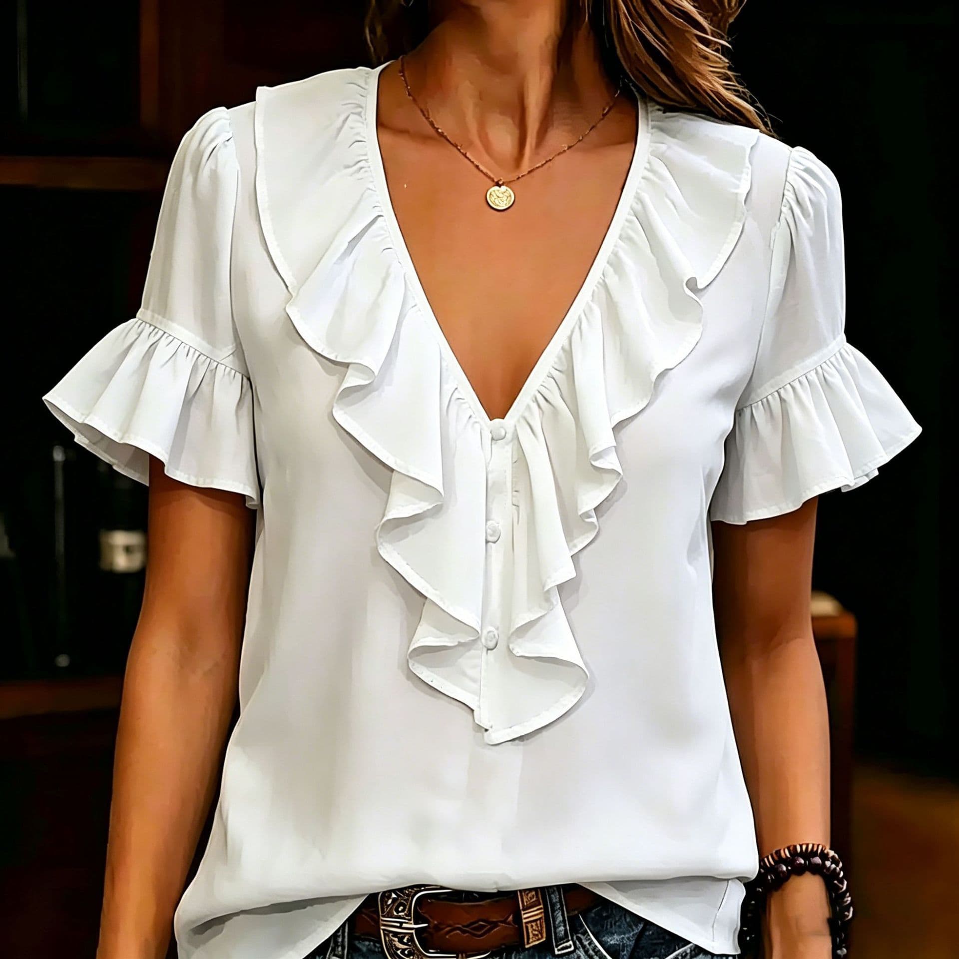 Womens Short-Sleeved T-Shirt With Ruffled Hem And V-Neck 7