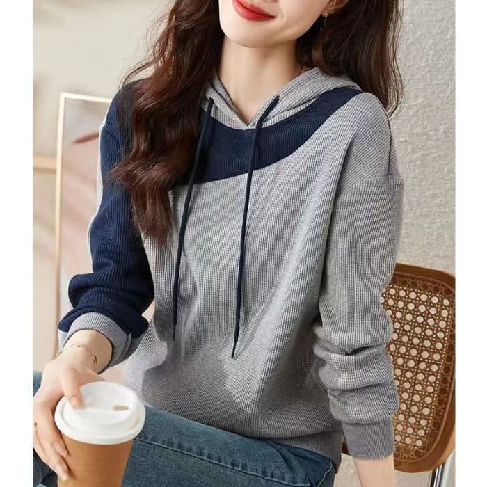Color-block Hooded Drawstring Sweatshirt Womens Loose Fit 2