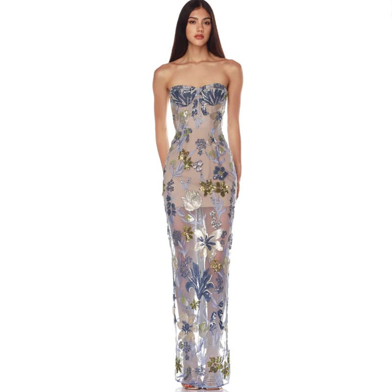 Embroidered Beaded Floral Strapless Dress For Women 5