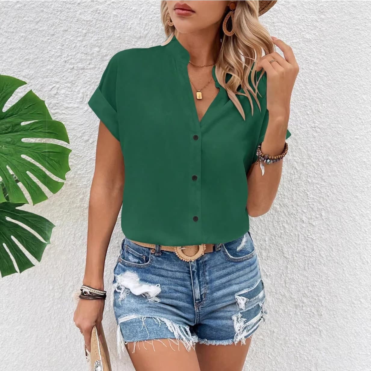 V-neck Fashionable Casual Womens Solid-color Batwing Short-sleeve Shirt 5
