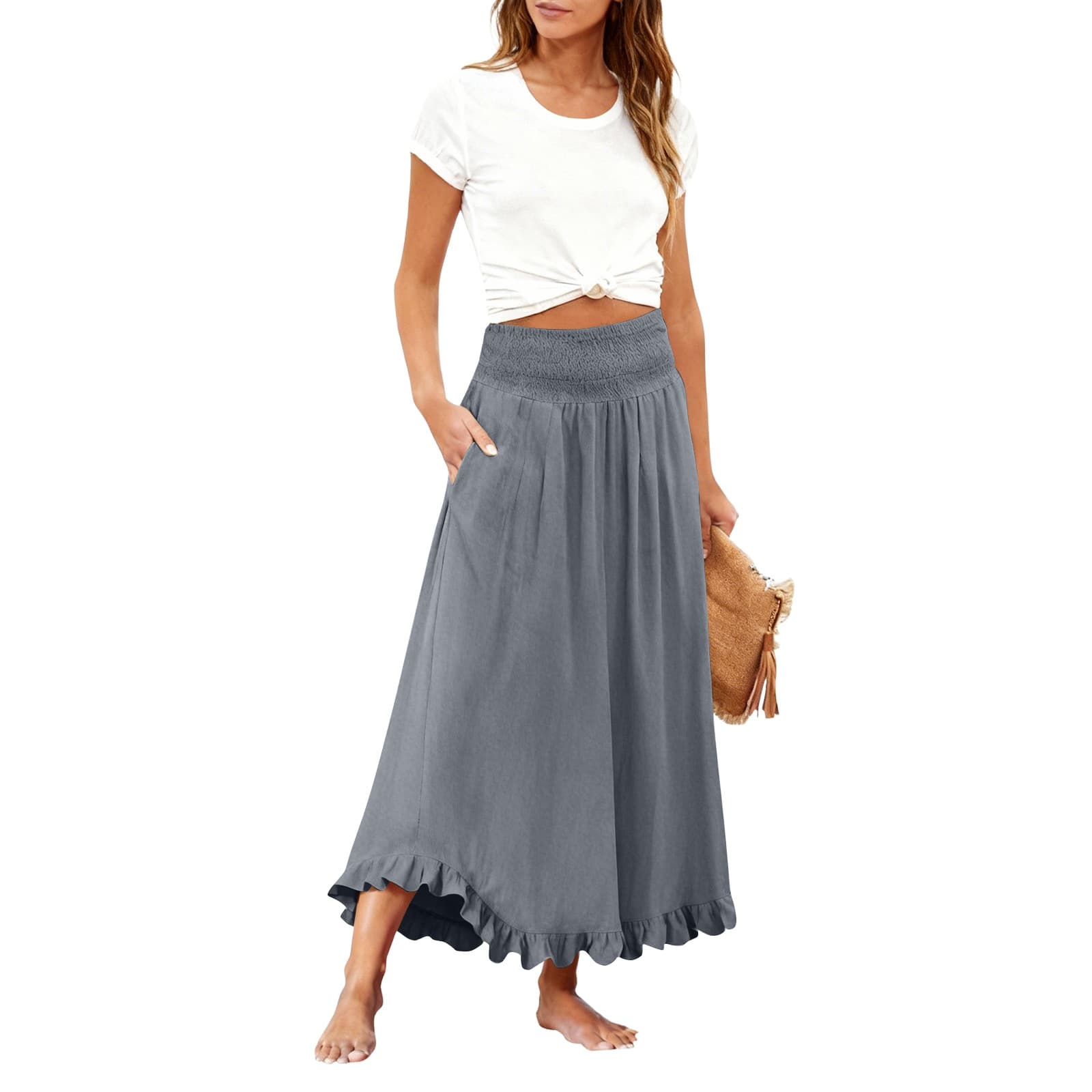 High-waisted Elastic-waist Long Skirt With Ruffled Hem 4