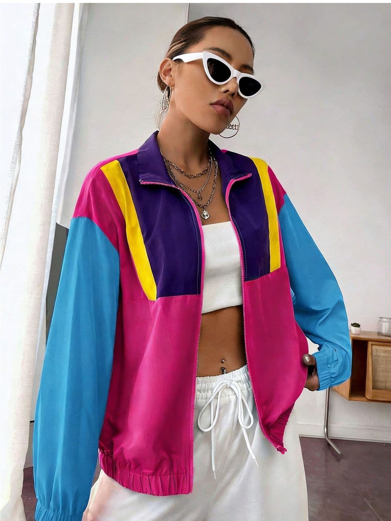 New Summer Casual Color-block Patchwork Zip-up Jacket For Women 6