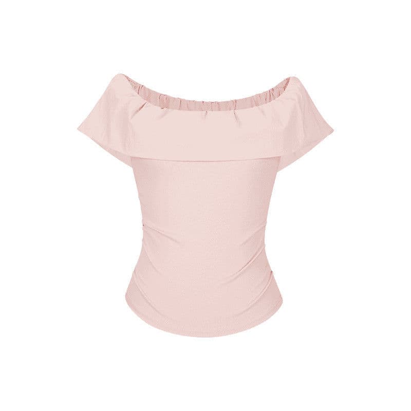 Stunning Pink Off-shoulder Top With A Boat Neckline And Ruffled Short Sleeves 6