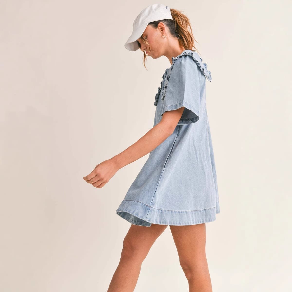 Womens Denim Dress With Lapel Collar And Flouncy Ruffle Hem 6