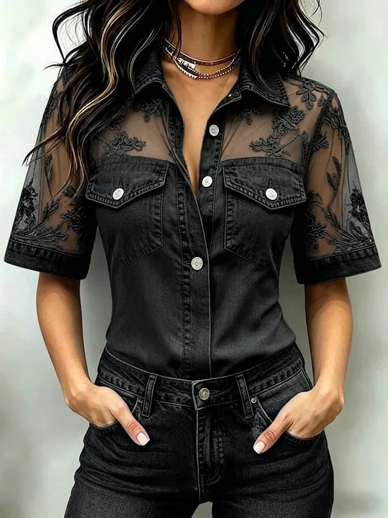 Womens Casual Loose-fit Faux-jean Patchwork Top 2