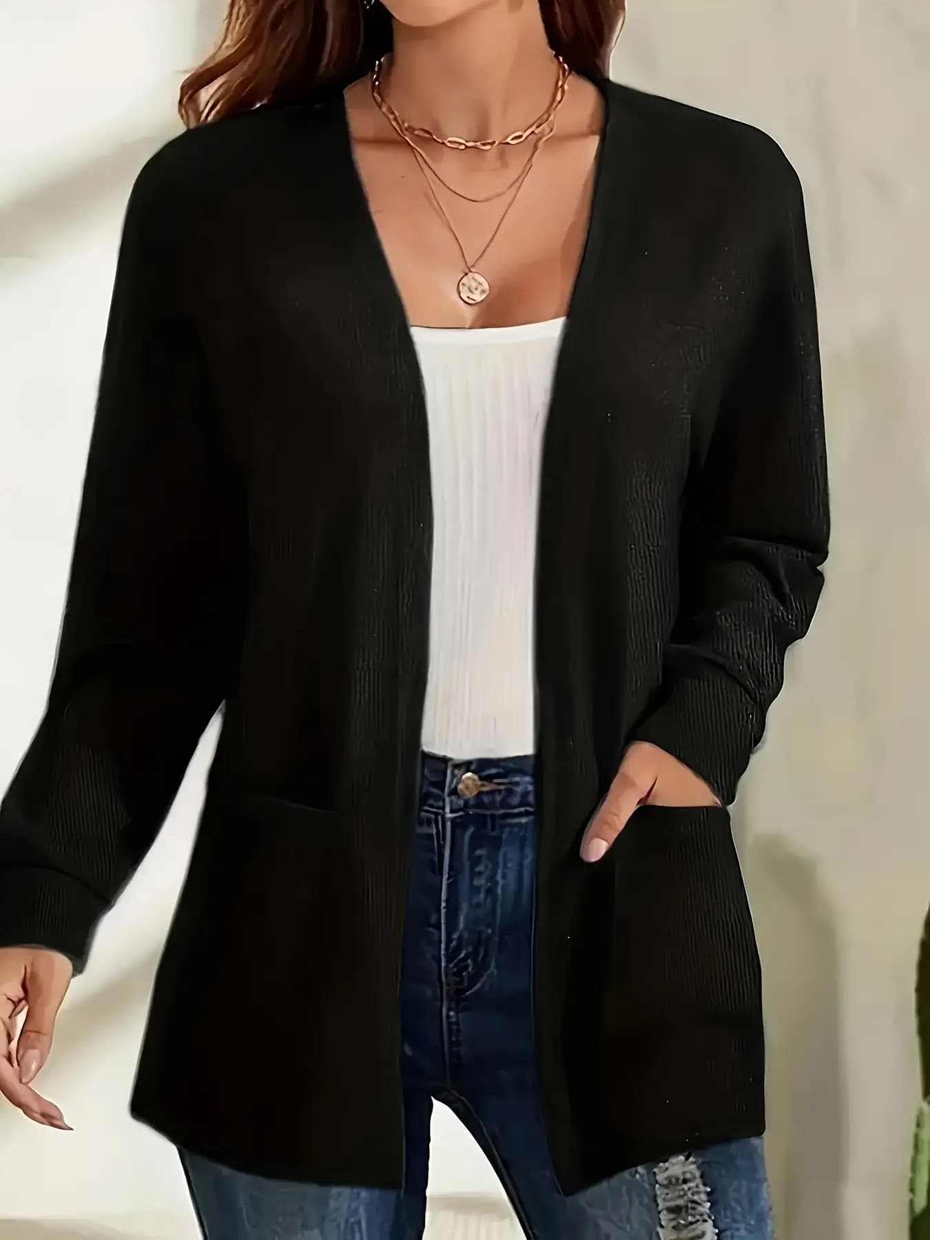 Womens Versatile Solid-color Pocketed Loose-fitting Lightweight Cardigan 6