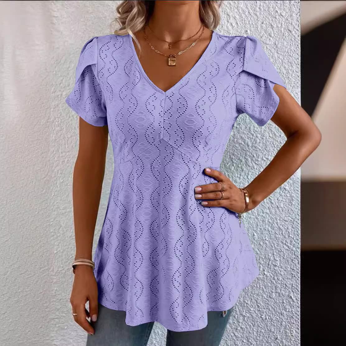 Solid-color V-neck Flutter-sleeve Casual 7