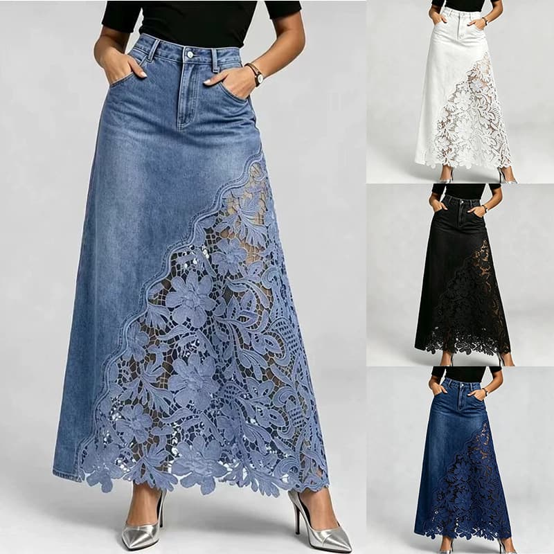 Washed Denim Lace-Panel Long Bodycon Skirt 3