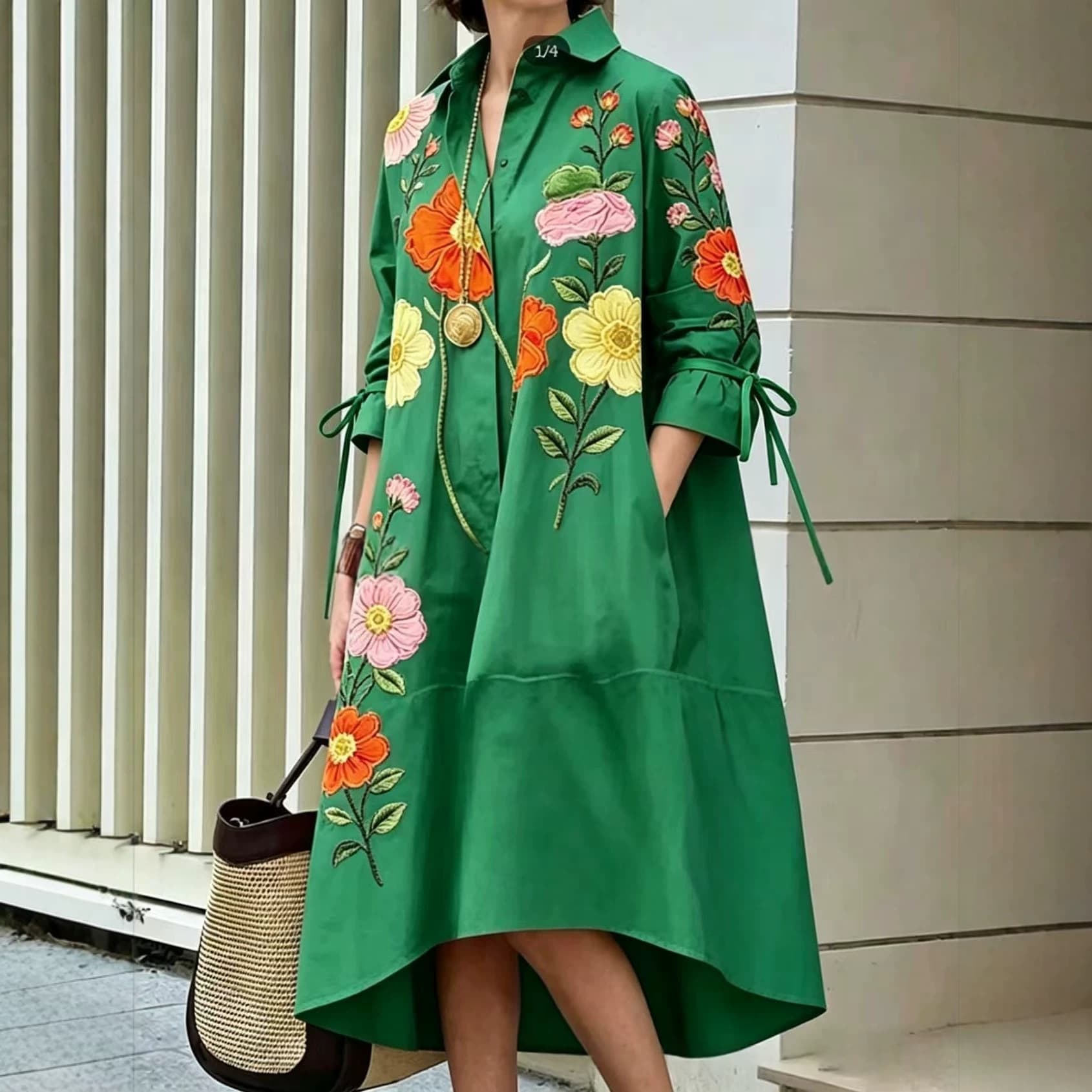 Womens Printed Casual Loose-Fit Shirt Dress 12