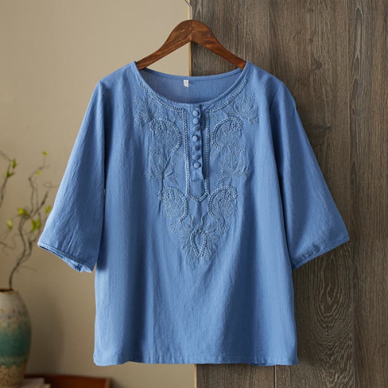 Womens Artistic Solid-Color Embroidered Cotton-Linen Top 5