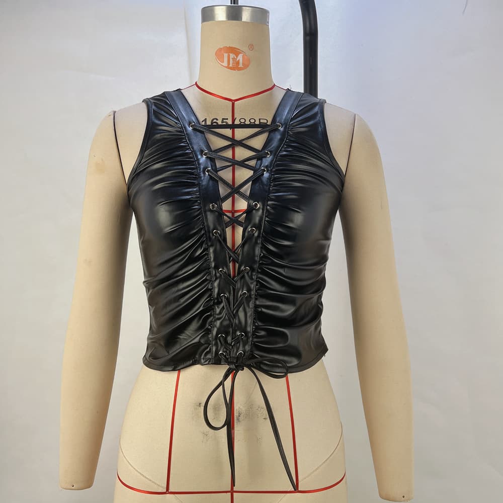 European And American-style Solid-color Rivet Strap PU Leather Sleeveless Top 6