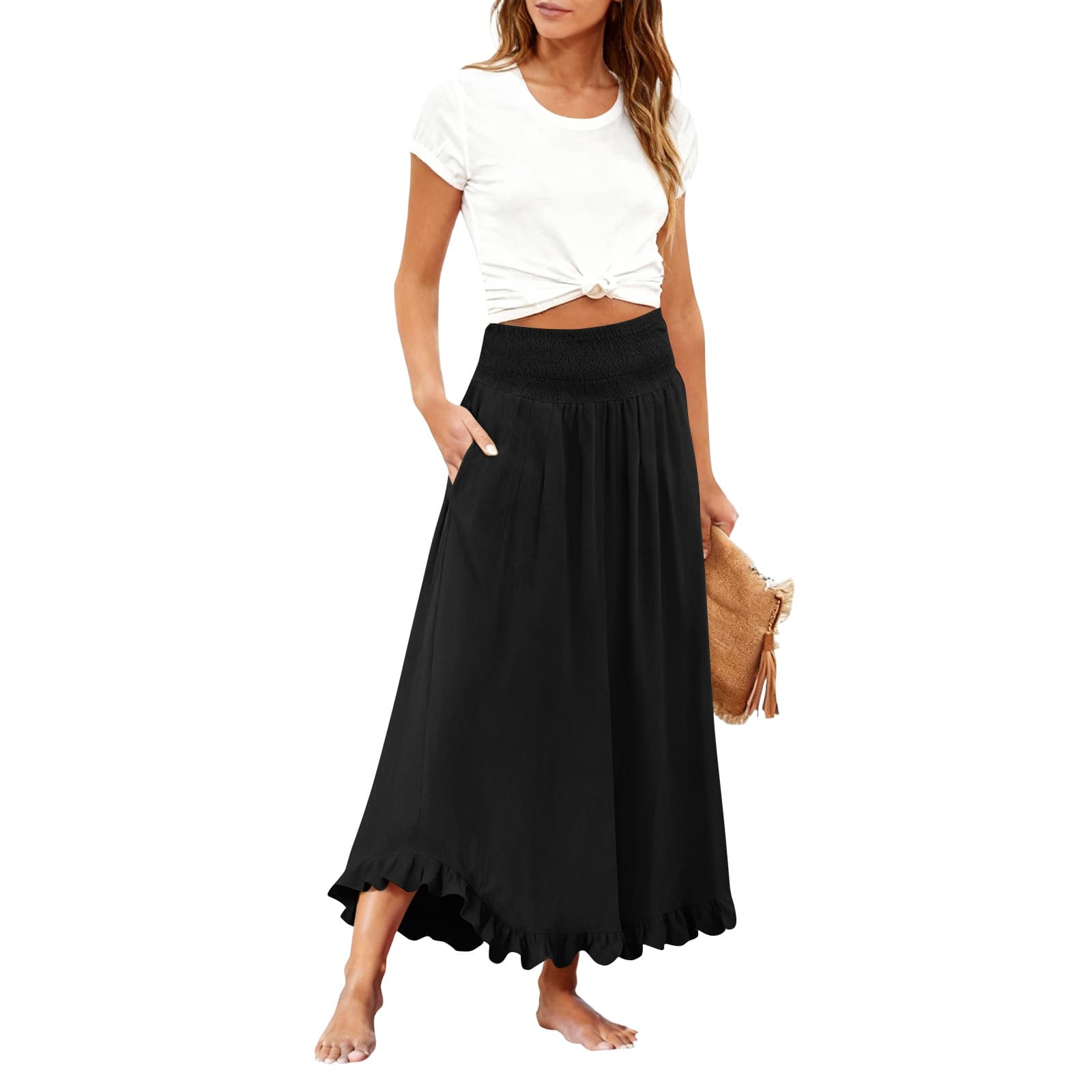 High-waisted Elastic-waist Long Skirt With Ruffled Hem 15