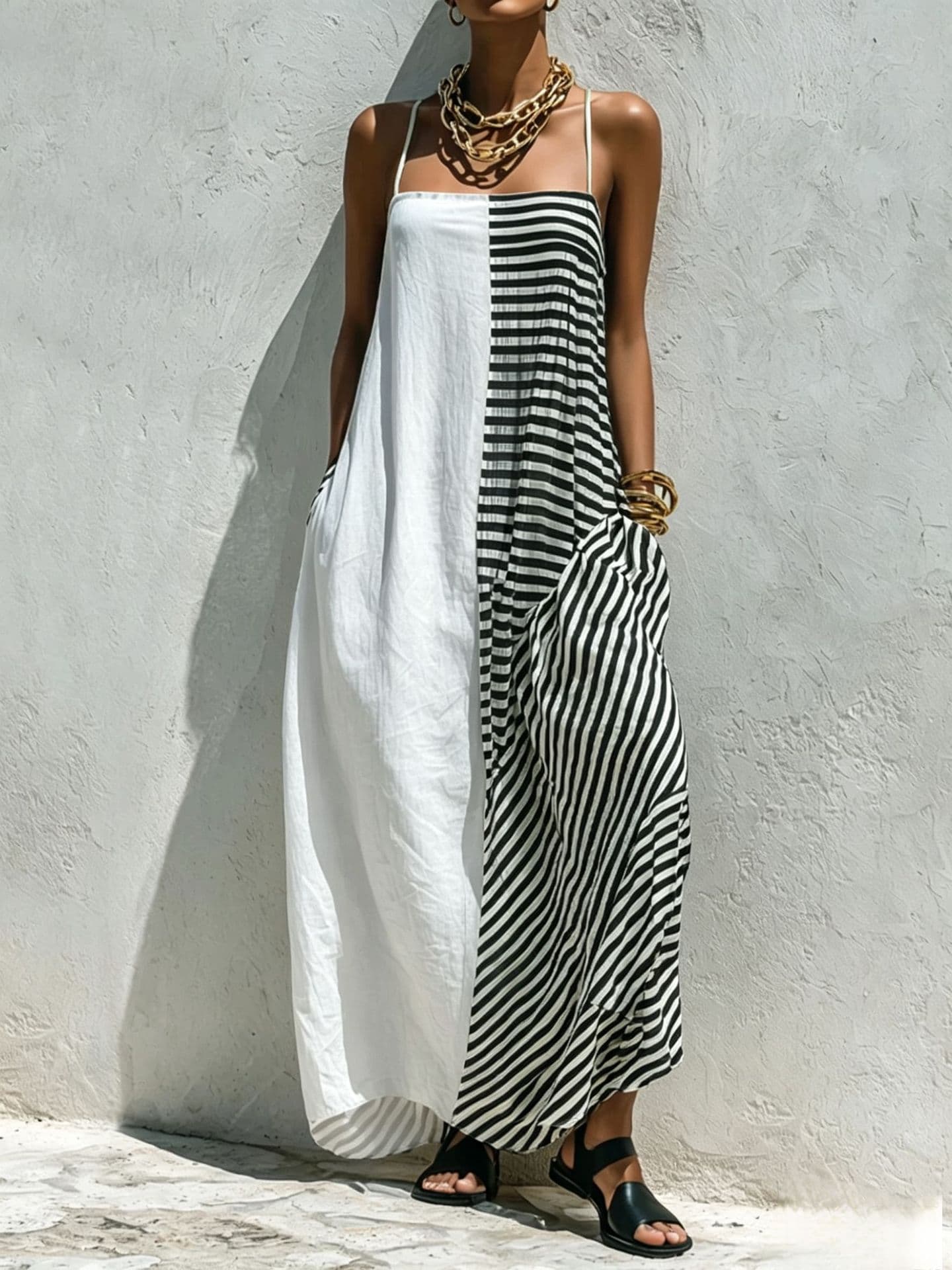 Printed Striped Strap Sleeveless Long Dress 10