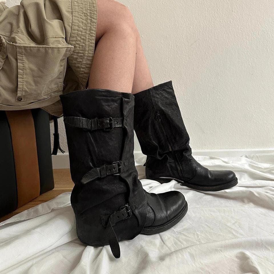 Womens Retro Leather-buckle Pleated Mid-calf Boots 5
