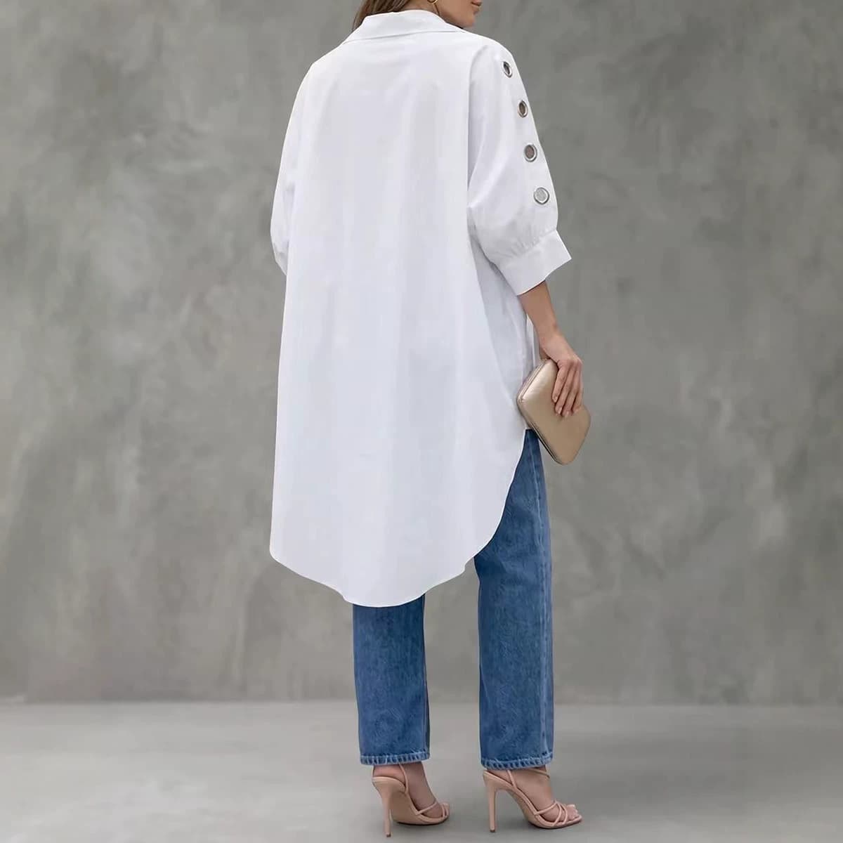 Womens Loose-fit Solid-color Long-sleeve Shirt 4